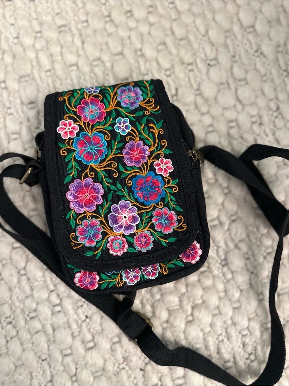 Black Embroidered Floral Crossbody Bag - Multicolor Detailing